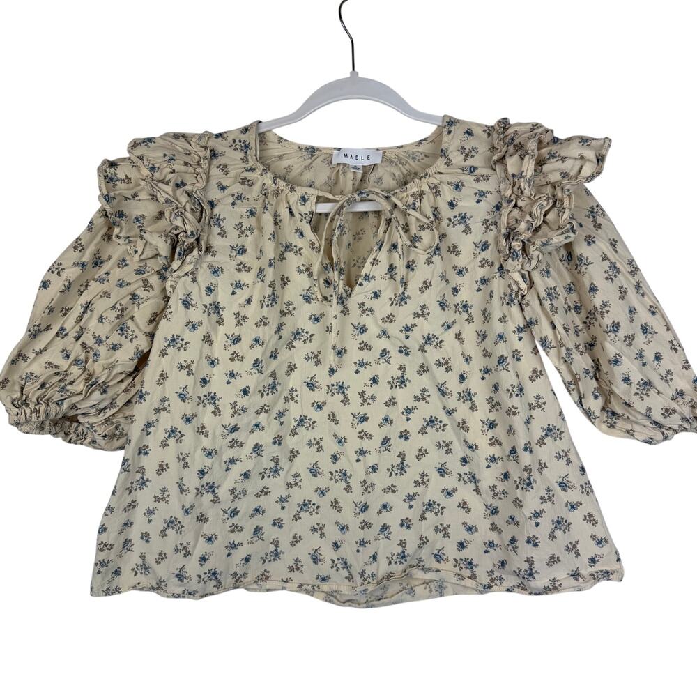 MABLE Ruffle Shoulder Floral Blouse Women Size S Cream Blue Cottagecore Boho